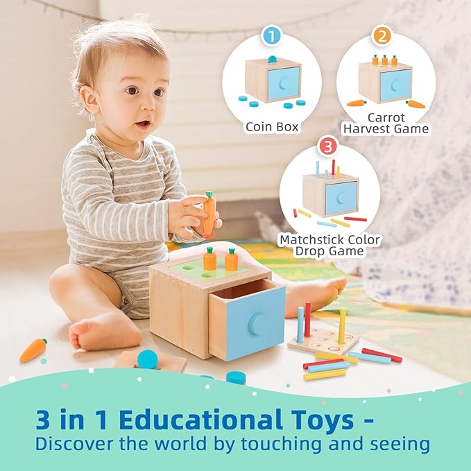 TOOKYLAND Montessori Toys for 1 Year Old, 8 in 1 Learning Educational Set Wooden Toys (Includes Stacking Cups, 3-in-1 Educational Box, Pound Bench, Shape Puzzle and More)