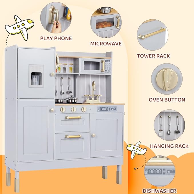 Wooden Play Kitchen for Kids, Toddler Vintage Kitchen Toy Set w/Pretend Phone, Ice Maker, Towel Rack, Height Adjustable Realistic Playset Chef w/Light & Sound (Gray)