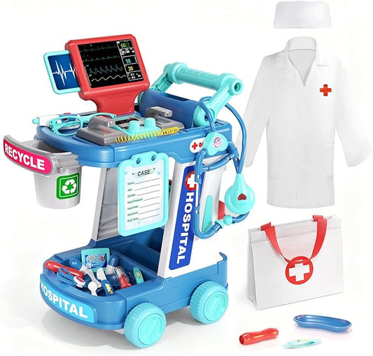 Doctor Kit for Kids, Pretend Doctor Playset for Toddlers with Cart, Costume and Stethoscope, Role Play Medical Toy for Girls Boys Toddlers 3-8 Birthday Gifts