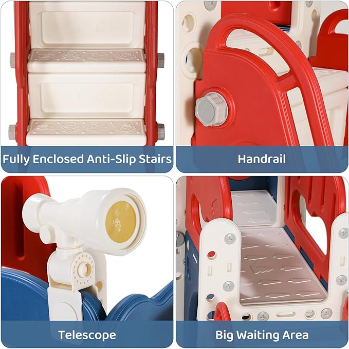Arlopu 8 in 1 Toddler Slide Playset for Kids, Indoor Outdoor Baby Slide with Basketball Hoop, Telescope & Storage Space, Kids Playground Climber with Enclosed Steps (Red Blue)