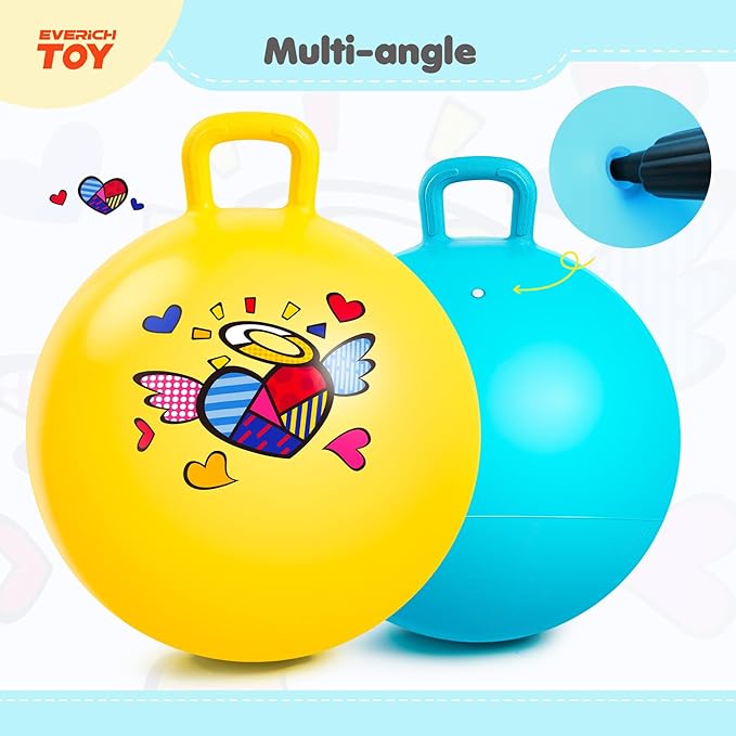EVERICH TOY 2-Pack Hopper Ball for Kids, 18In Hippity Hop Balls, Yellow & Blue Bouncy Ball with Handle, Indoor Outdoor Inflatable Hopping Toy sfor Girls Boys Gift with Pump