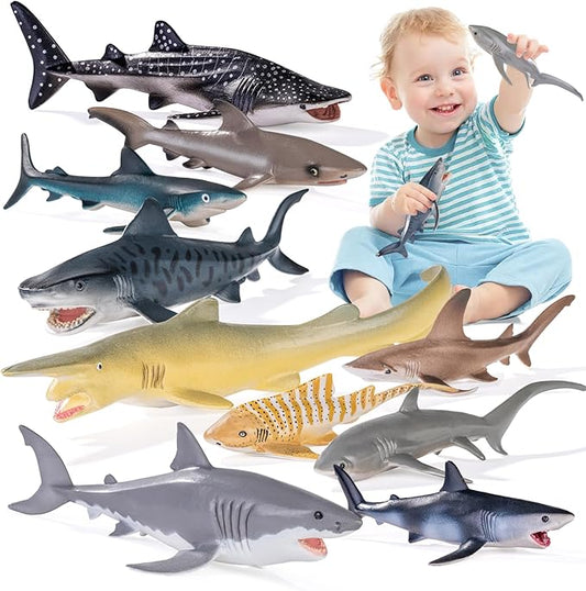 10PCS 5-8" Shark Toys for Toddlers, Large Sea Ocean Animals Bath Toys for Kids, Shark Figurines Cake Toppers Birthday Party Favors & Gifts for Kids