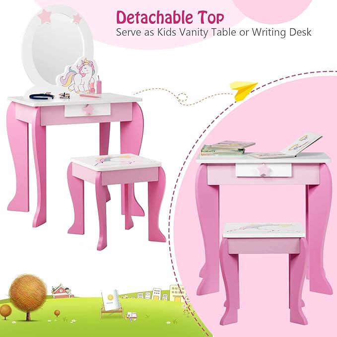 HONEY JOY Unicorn Kids Vanity, Toddler Makeup Table with Mirror and Stool, Wooden Pretend Play Vanity for Little Girls, Detachable Mirror and Storage Drawer, Kids Vanity Table and Chair Set (Pink)