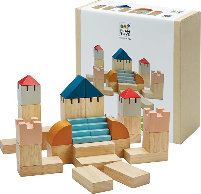PlanToys® Creative Blocks Wooden Montessori Building and Imagination Toy in Orchard Shade | Fine Motor, Spatial Reasoning and Early STEM Learning Activity | Eco Friendly Open Ended Play Set