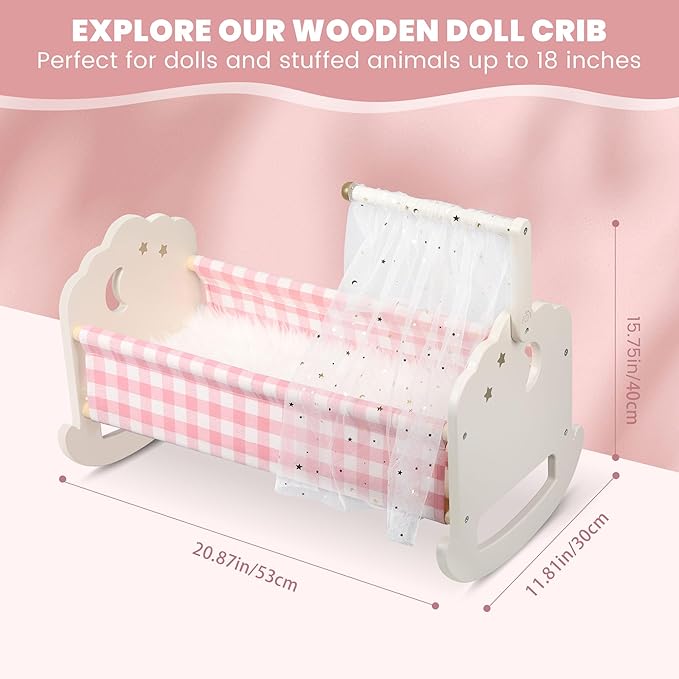 Wooden Baby Doll Crib Set, Baby Doll Bed Toys for 18 Inch Dolls, with Bedding and Canopy, Baby Doll Furniture Accessories