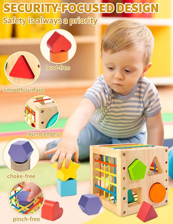 Montessori Toy for Toddlers, Shape Sorter for Babies, Wooden Shape Sorting Cube with 8 Rattling Blocks Baby Toys, Educational Learning Toy, Best Gift for Your Babies Boys Girls