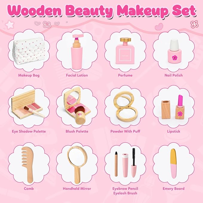 Wooden Makeup Toy Set for Toddler [2026] Play Makeup Kit for Girls 3-5 with Pretend Wood Lipstick/ Mirror/ Brushes/ Cosmetic Set Beauty Girl Birthday Gift Age 3 4 5 6