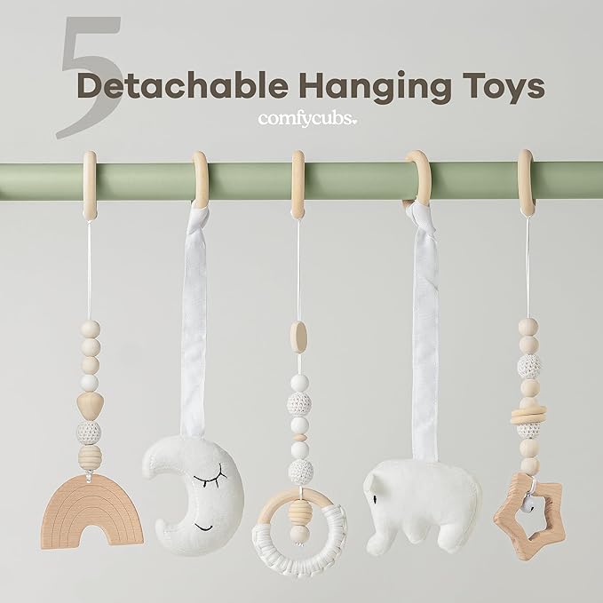 Comfy Cubs Wooden Baby Play Gym - Natural Finish Pinewood Baby Activity Gym with 5 Sensory Hanging Toys - Easy No-Tool Assembly, Safe and Durable for Infant Motor and Visual Development - Sage