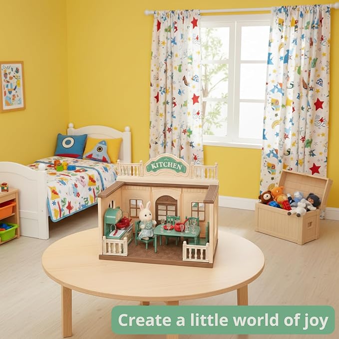 Family Kitchen Doll House — Cozy Cabin with Bunny Figure, Dining Set & Cookware, Complete Modular Dollhouse Playset for Creative Pretend Play Ages 3+