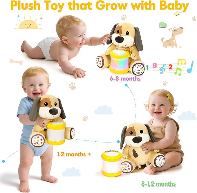V-Opitos Stuffed Dog Musical Toys for Baby 6-12 Months+, Early Learning Light up Music Drum, Perfect Christmas Birthday Gifts for Boy & Girl Age 1, 2 Years Old