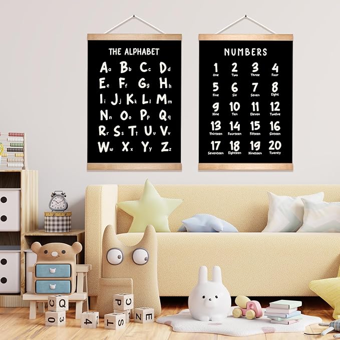 HEYJEEPER Kids Alphabet and Numbers Learning Posters Set of 2,18.5x14 Inch Linen&Canvas Educational Wall Art with Wood Hanger, ABC 123 Chart for Toddlers Classroom Nursery Playroom Decor(Black)