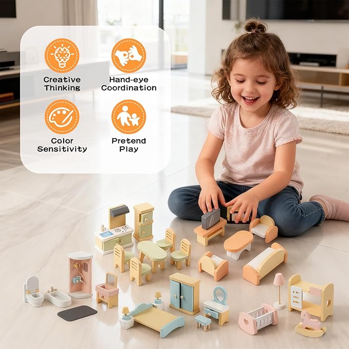 35PCS Wooden Dollhouse Furniture Set with Dolls for 5 Rooms Kits, Doll House Accessories Furniture Toys for Toddlers, Pretend Play Toys Christmas Birthday Gift for Girls and Boys, 3+