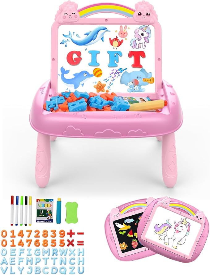 Unicorn Gift for 1-2 Years Old Girl, Girl Toys with Magnetic Letters and Numbers, Portable Doodle Board Easel, Learning and Educational Toy for 1-2 Years Old Girls (Pink)