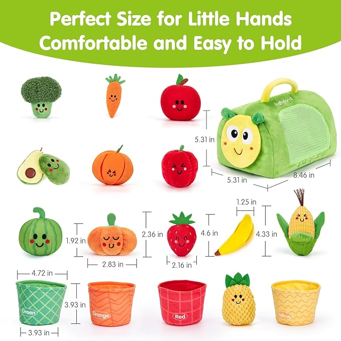 hahaland Montessori Toys for 1 Year Old - Color Sorting Fruits & Veggies Sensory Baby Toys 6-12 Months, 17 PCS Plush Play Food with Caterpillar Storage Bag, Baby Stocking Stuffers First Learning Gifts