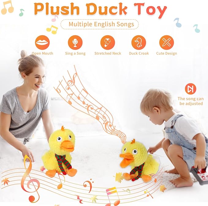 Singing Dancing Duck, Quacking Duck, Body Shaking, Plush Duck Toy Musical English Songs Singing Animated Twisting Gifts of Funny Toys for Boys Girls Kids, Christmas Animated Plush Toys