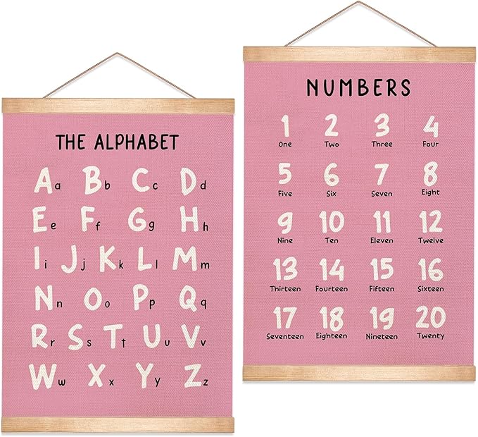 HEYJEEPER Kids Alphabet and Numbers Learning Posters Set of 2,18.5x14 Inch Linen&Canvas Educational Wall Art with Wood Hanger, ABC 1-20 Chart for Toddlers Classroom Nursery Playroom Decor(Pink)