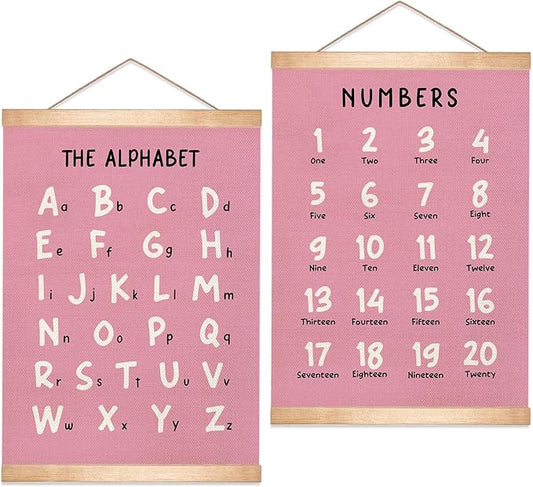 HEYJEEPER Kids Alphabet and Numbers Learning Posters Set of 2,18.5x14 Inch Linen&Canvas Educational Wall Art with Wood Hanger, ABC 1-20 Chart for Toddlers Classroom Nursery Playroom Decor(Pink)