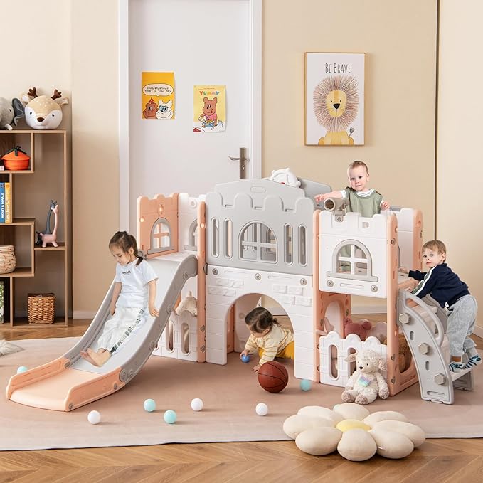 Costzon 8 in 1 Toddle Slide Playset, Freestanding Kids Slide w/Tunnel, Basketball Hoop, Toddler Climber Slide Playset Indoor Playground for Kids 1-3 w/Storage Space, Gifts for Boys Girls (Pink)