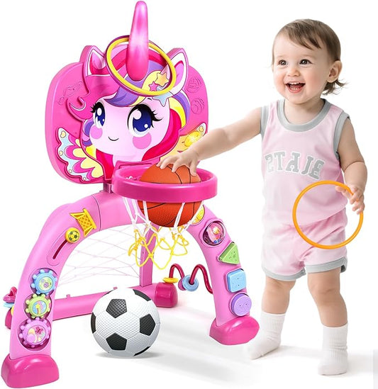Marstone Toys for 1 Year Old Girl Gifts: Toddler Basketball Hoop and Soccer Goal with Sound and Music, Educational Sport Toys for Kids 1-3, 1st First 12-18 Month Birthday Present