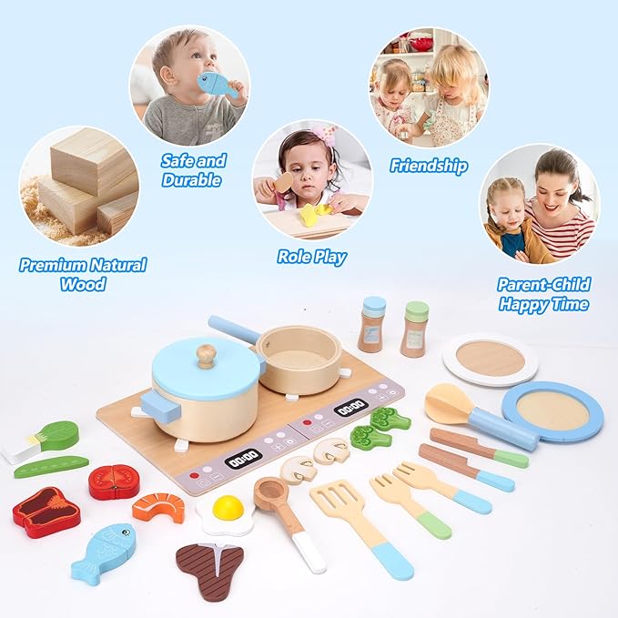 Play Kitchen Accessories, Wooden Play Cooking Set, Pretend Play Kitchen Set for Kids, Including Stove, Cookware Pots and Pans, Cooking Utensils Playset, Cutting Food Playset for Girls Boys Toddler
