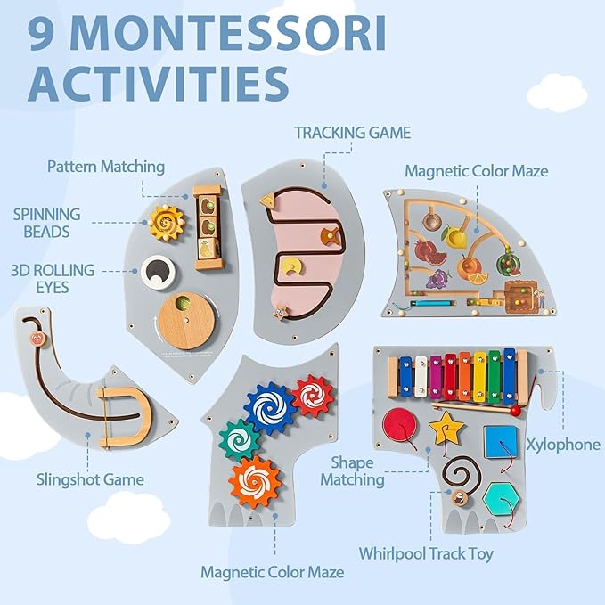 Large Elephant Wooden Activity Wall Panel Christmas Gift Educational Montessori Toy for Toddler Kids Interactive Sensory Activity Busy Board Daycare Learning Center Toddler Room Decor