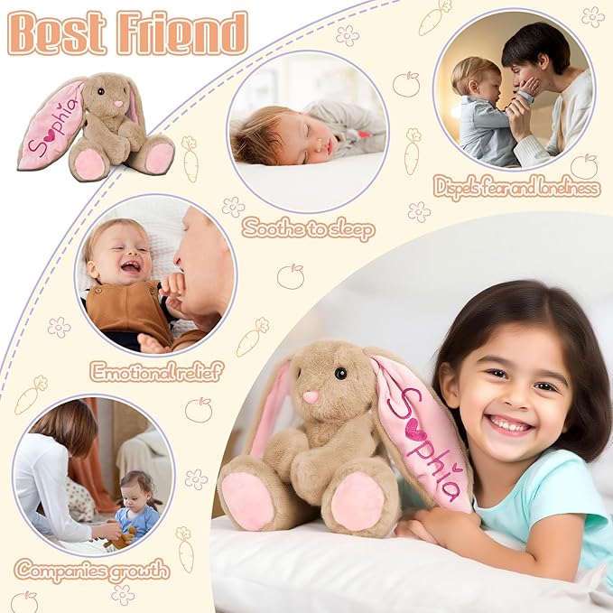 Personalized Bunny Plush with Embroidered Name, Custom Stuffed Animals for Babies, Bunnys Plush Toys for 3 Years Old Girl Gifts, Birthday Easter for Baby Boys Girls Toddlers Newborn (Bunny)