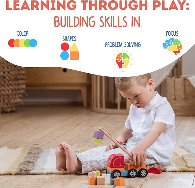 CUBIKA Wooden Crane Truck – Magnetic Construction Vehicle Playset for Toddlers Ages 18 Months+ – Montessori Toy for Fine Motor Skills, Creativity, and Imaginative Play