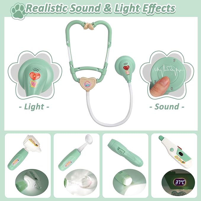 Liberry Doctor Kit for Toddlers 3 4 5 6 Years Old, 26 Pcs Kids Doctor Playset with Dog Toy, Stethoscope and Dress Up Costume, Pretend Play Medical Christmas Gift for Boys Girls (Green)