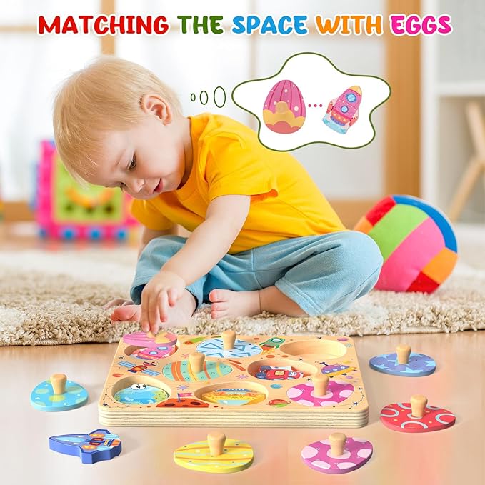 Wooden Puzzles for Toddlers, 8 Pcs Space Matching Egg Puzzle, Solar System for Kids, Montessori Toys for Boy Girl Easter Birthday Gifts, Educational Toys for Boys, Girls