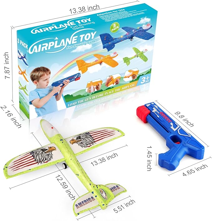 3 Pack Airplane Launcher Toy for Kids, 12.6" LED Foam Glider Plane, 2 Flight Mode Catapult Plane Boy Toys with Stickers, Outdoor Flying Toys Birthday Gifts for 4 5 6 7 8 9 10 12 Year Old Boys Girls