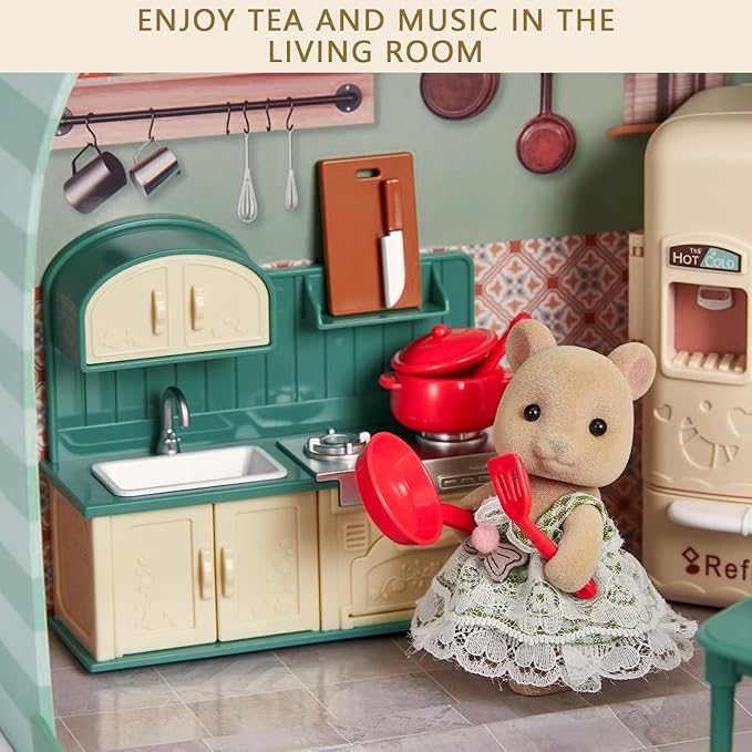 Dollhouse Kitchen Furniture Suitcase Set for Kids, 2 Flexible Dolls/Dining Tble/Kitchenware/Tableware/Refrigerator/Bread, Pretend Play Dollhouse Accessories Christmas Birthday Gift for Girls Ages 3+