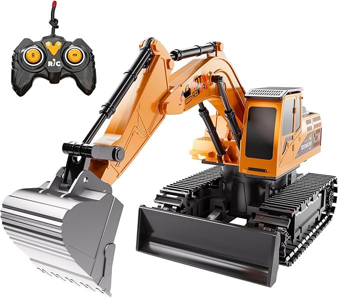Remote Control Excavator for Boys 4-7, RC Excavator for Kids, 27 MHz Construction Trucks Vehicles Toys for Toddlers 1-3 3-5 4-7 with Metal Shovel and Light Birthday Boys Gifts