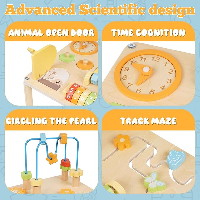 Wooden Activity Table for Toddlers – 8-in-1 Multi-Color Montessori Activity Center&Baby Activity Cube with Bead Maze, Shape Sorter, Gears, Math & Clock Toys,Educational Gift for 1 Year Old Boys Girls