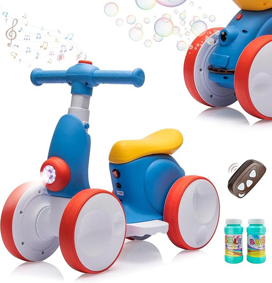 6V Electric Baby Balance Bike with Bubble Machine,4 in 1 Toddler Balance Bike w/Remote for 1 Year Old Boys Girls Kids Bubble Bike Ride on Toys w/Powered Motor,Music,LED Lights (Blue&Red)