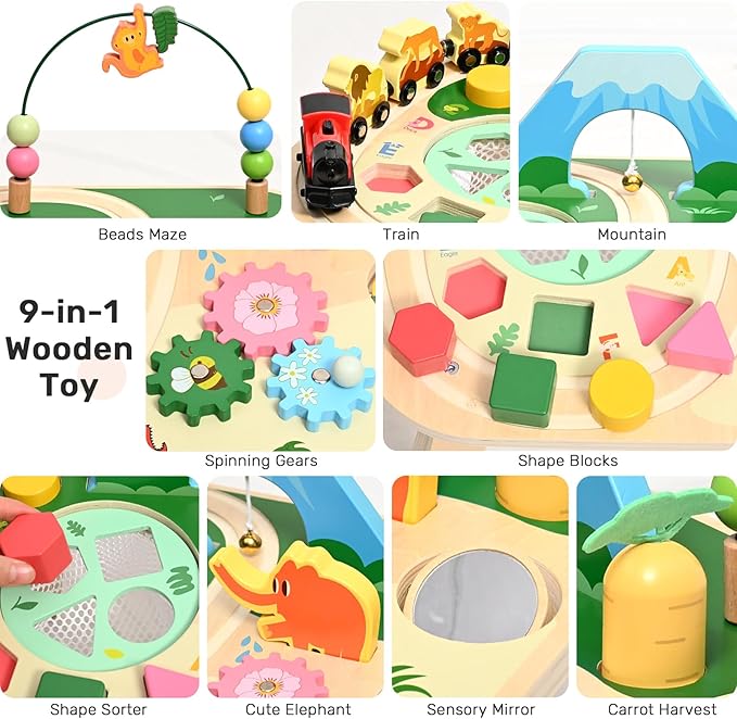 wingyz Activity Table for 1 Year Old Toddler, 9-in-1 Multi-Colorful Wooden Montessori Toys, Baby Play Table with Bead Maze Shape Sorter Train Toy, Educational Gifts for Kids Boys Girls