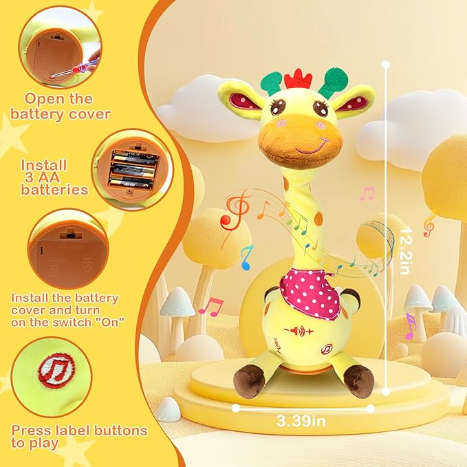 Talking Dancing Giraffe Toy, Stuffed Animal Repeats What You Say with Glowing Light, Baby Toy for 3-18 Months, Gift for Toddlers 1-3 Years Old