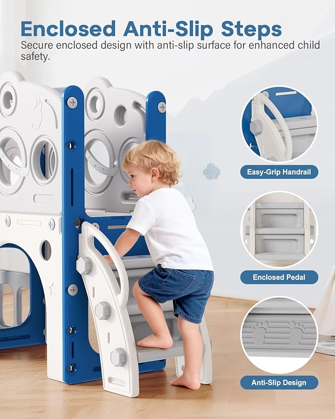 Babytronic Toddler Slide, 8 in 1 Kids Slide with Basketball Hoop, Telescope and Climber, Baby Slide Toddler Playground, Indoor Outdoor Playset for Toddlers Age 1-3, Kids Indoor Playground (Blue&Gray)