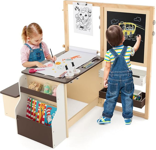 Costzon Easel for Kids, Wooden Art Center with Double-Sided Blackboard & Whiteboard, Paper Roll for Drawing, Crafts, Writing, Toddler Activity Table with Storage, Kids Table and Chair Set (Brown)