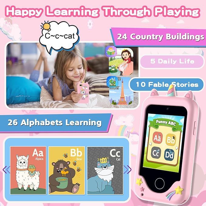 Kids Phone for Girls Boys, Touchscreen Toddler Smartphone Learning Toy, 3-10 Year Old Christmas Birthday Gift, Play Cell Phone With Camera, Games, Music, 8GB Card