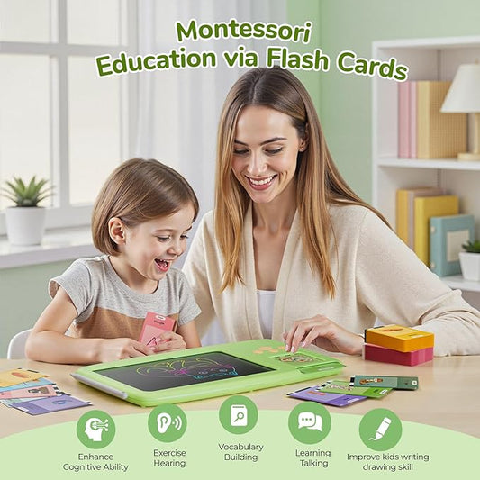 Talking Flash Cards for Toddlers - 2-in-1 LCD Writing Tablet Kids - Montessori Language Learning with 510 Words - Autism & Speech Therapy Toys for Children Gifts, Green