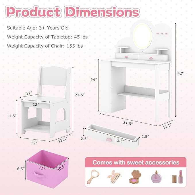 HONEY JOY Kids Vanity with Lights and Open Bookshelf, Cloud Princess Makeup Dressing Desk, Drawers, Wooden Pretend Play Toddler Vanity Table & Chair Set with Lighted Mirror for Little Girls (White)
