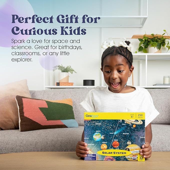 Geotoys Solar System Puzzle for Kids - Space Puzzle for 4+ Year Old, Includes Planets, Stars, and More - 250 Piece Puzzles for Kids - Made in The USA Vibrant Educational Jigsaw Puzzles