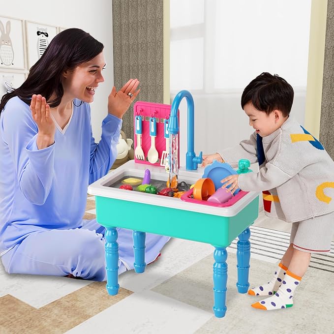 Doloowee Color Changing Kitchen Sink Toys,Electric Dishwasher Playing Toy Play Sink for Kids 3-5 with Running Water,Upgraded Faucet and Play Dishes,Pretend Play Kitchen Toys for Kids Boys Girls(Blue)