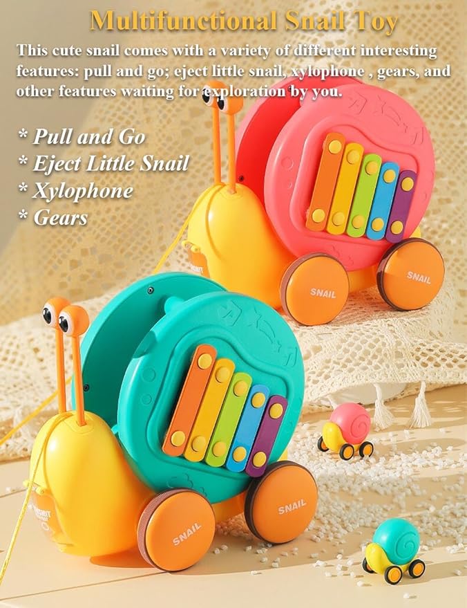 Multifunctional Pull and Go Snail Toy, Fun Xylophone Toy for Babies, Snail Spinning Gears Toy, Detachable Snail Toy with Functiona of Ejecting Little Snail for Toddlers (Cyan)