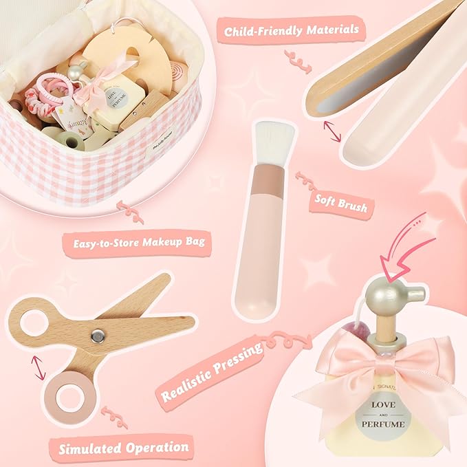 Wooden Makeup Toy Set, Pretend Play Makeup Set for Kids Toddlers, Play Beauty Makeup Kit for Girls 3 4 5 6 7 Year Old