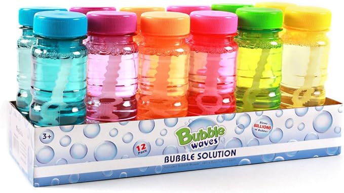 Big Bubble Bottle 12 Pack - 4oz Blow Bubbles Solution Novelty Summer Toy - Activity Party Favor Assorted Colors Set
