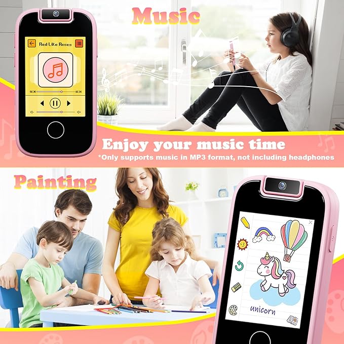 PTHTECHUS Kids Phone Toys for Girls Boys - Toddler Touchscreen MP3 Music Player with Dual Camera, Habit Tracker, Games, Alphabet, Educational Learning Toys Birthday Gifts for 3-7 with SD Card Pink