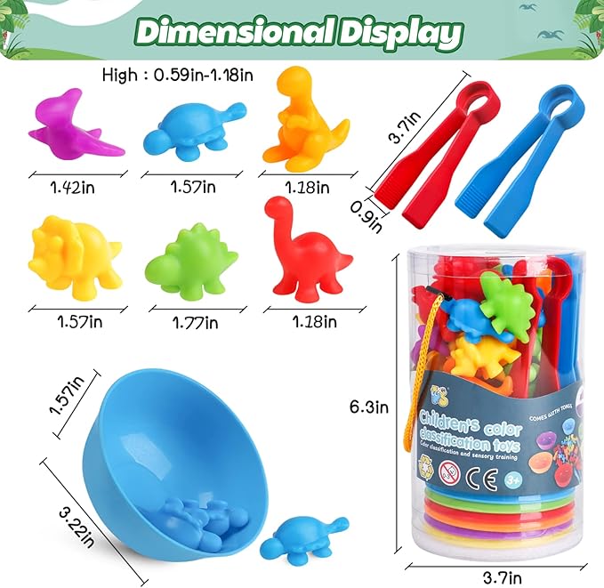 Skrtuan Counting Dinosaur Matching Toys with Sorting Bowls Montessori Preschool Educational Activities Learning Color Sorting Fine Motor Skills Sensory Toys Birthday Gift for 3 4 5 Year Old Boys Girls
