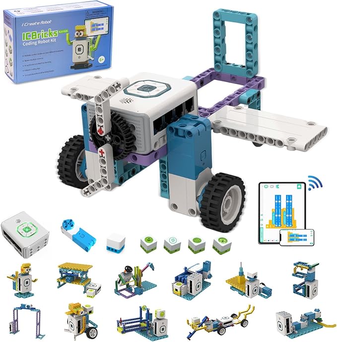 12 in 1 Coding Robot Kit ICBricks for Kids 6+, 240+ Piece Educational AI STEM Remote Building Learn to Code with Hub,Motor,Sensor,APP Control for Girls Boys Gift