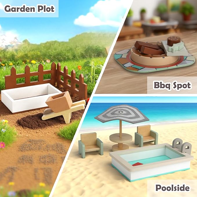 26PCS Wooden Dollhouse Furniture Set, Outdoor Miniature Doll House Accessories Playset for Toddlers, Outdoor Scenes Poolside Playground Pretend Play Toy for Kids 3+